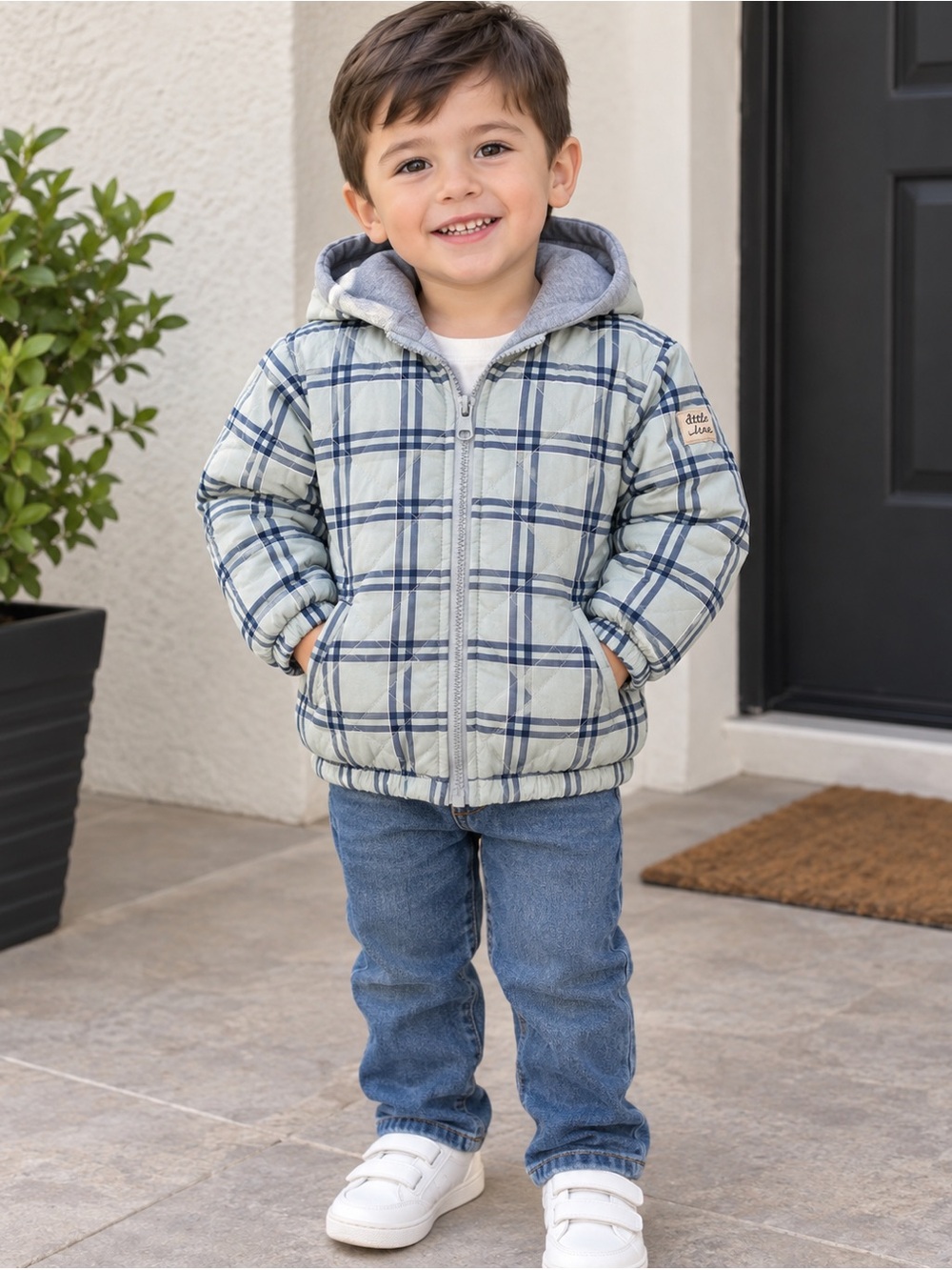 Carter's Cream and Navy Plaid Quilted Hooded Puffer Jacket